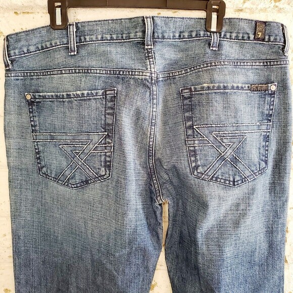 7 For All Mankind Standard Mens 38 Jeans ButtonFly Blue Wash Distressed Denim - Picture 5 of 11